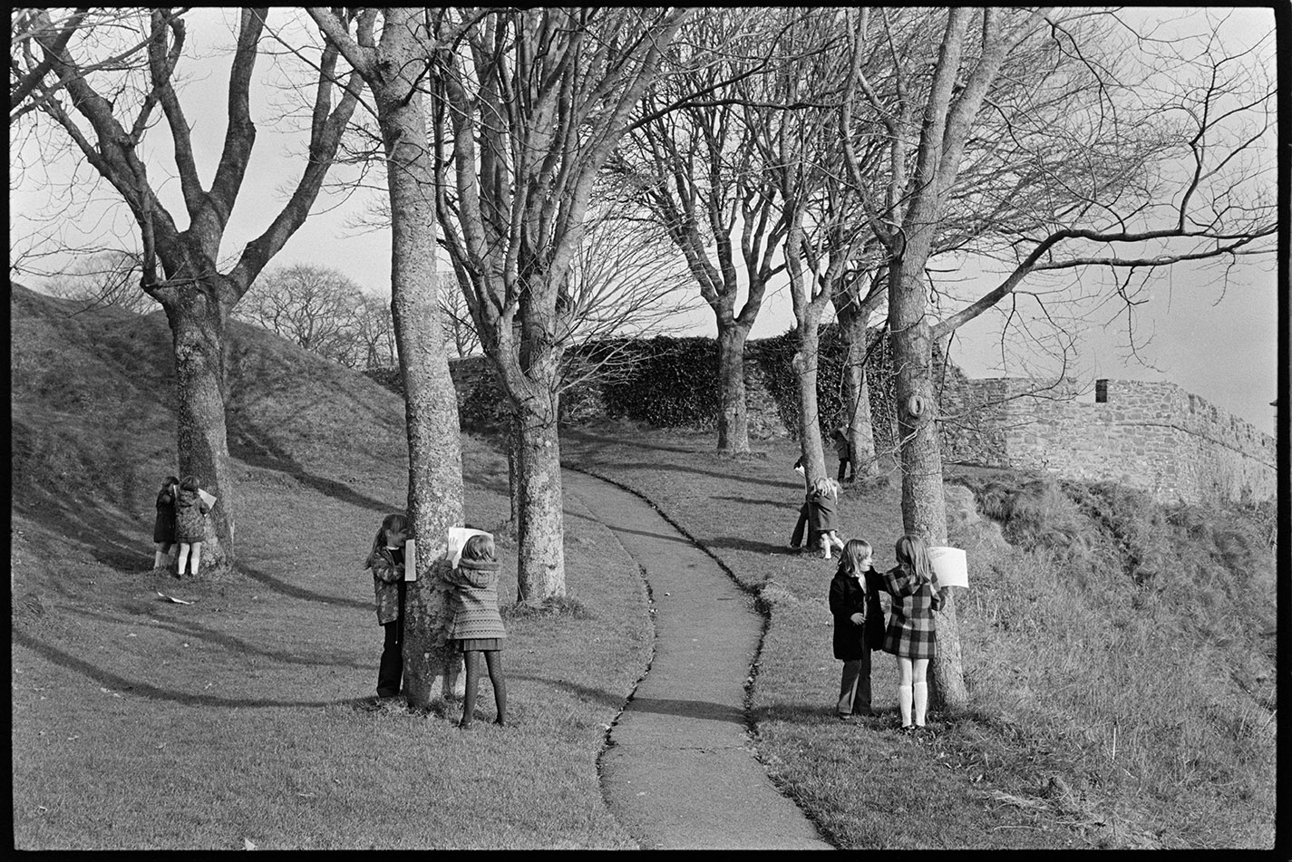 Primary School children doing bark rubbing on trees in park, Torrington, 4 November, 1974.