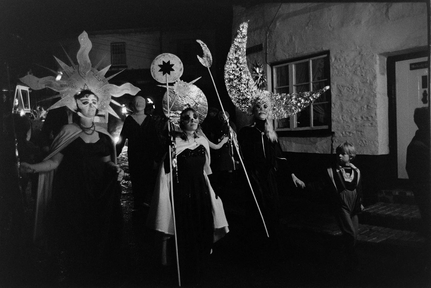 Carnival parade. Women dressed as constellations, Hatherleigh, 6 November 1974