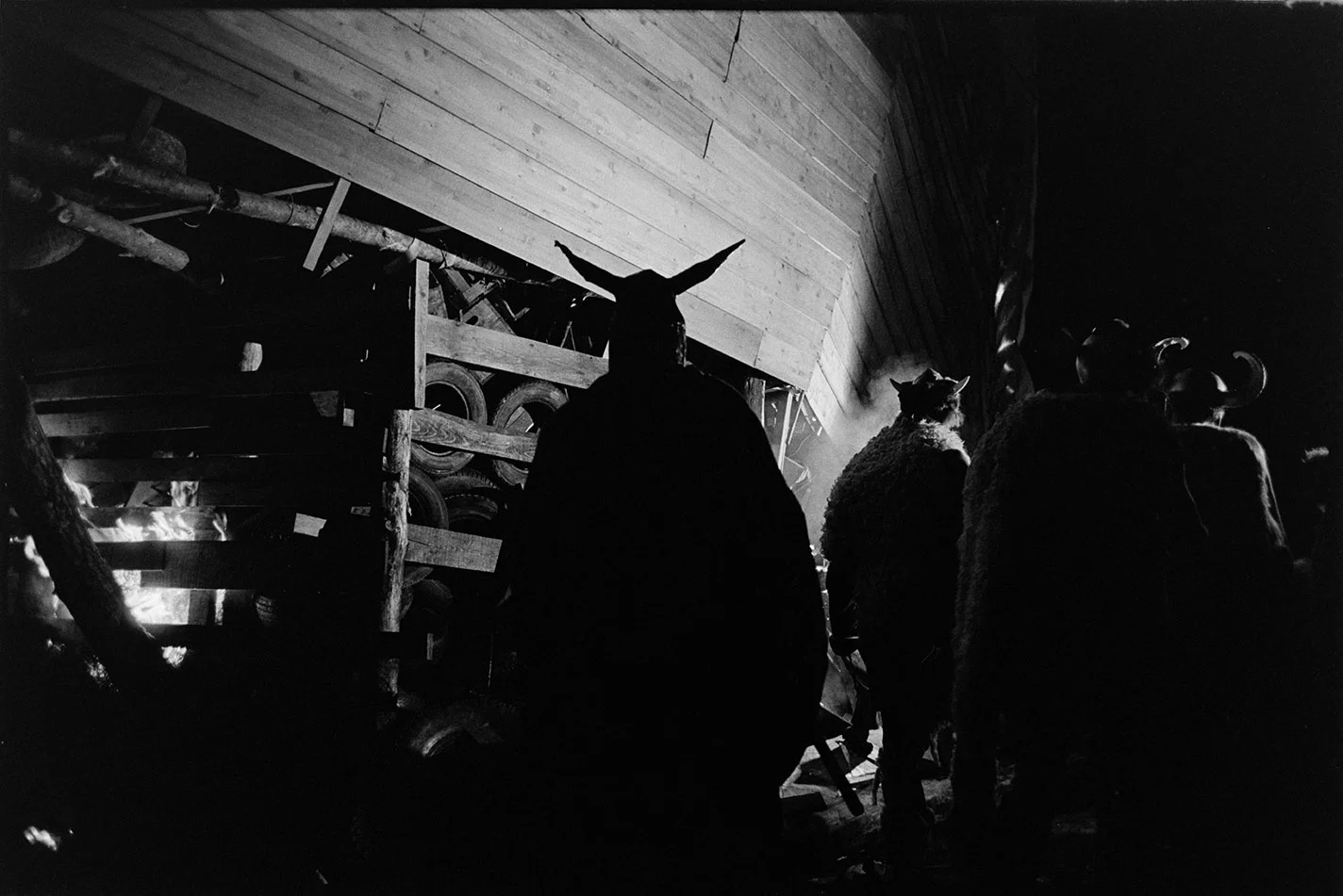 Burning tyres, Viking silhouette, Torrington Fair, 2 November 1974
