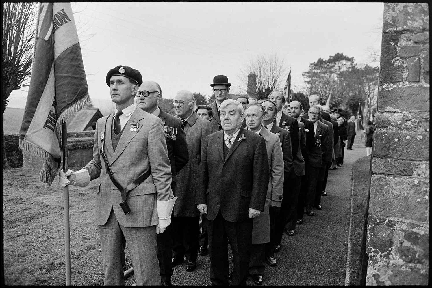 Armistice Day, parade line up outside church. Chulmleigh, November 1981.
