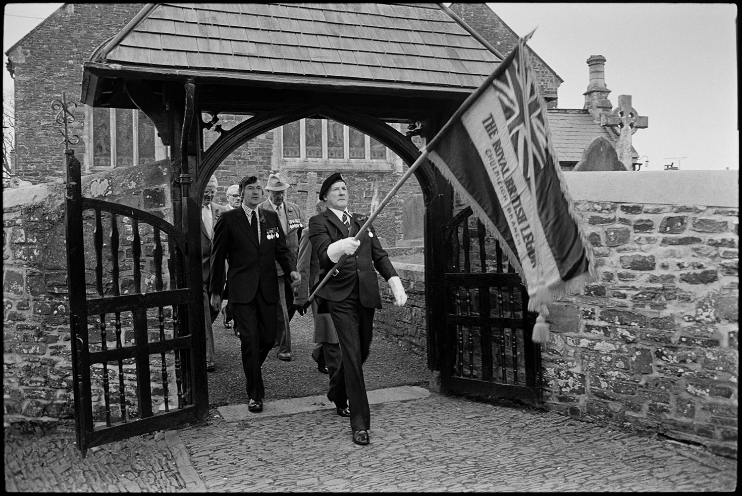 Parade at War Memorial, march to church. Chulmleigh, November 1987.