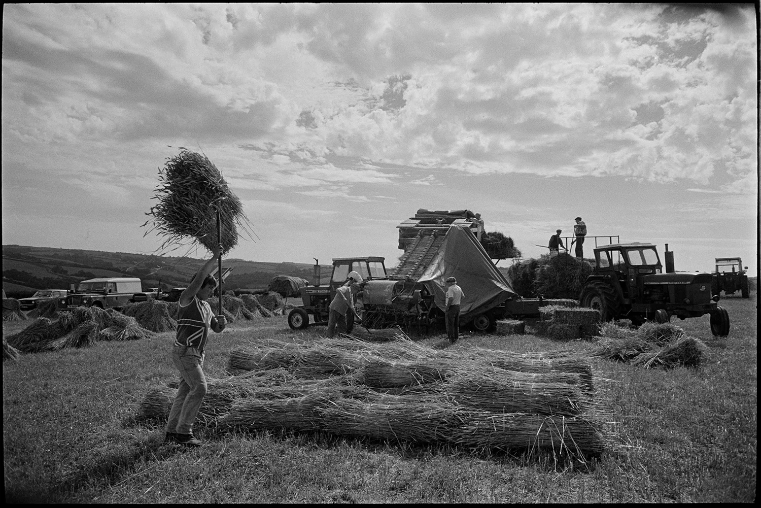 Reedcombing in harvest field men carrying nitches of wheat to reedcomber, Spittle Farm, Chulmleigh, August 1987. A documentary photograph by James Ravilious for the Beaford Archive