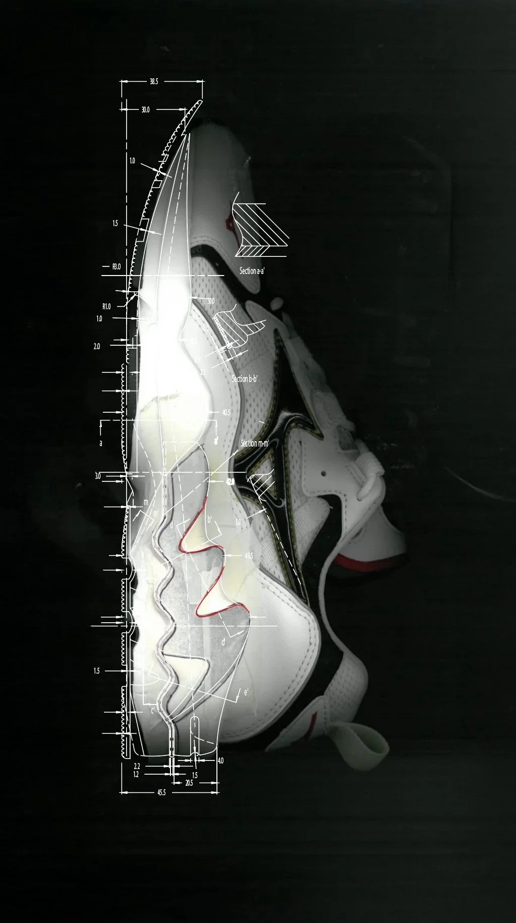 Overlay of technical drawing and measurements on a white sneaker with black and red accents. Mizuno performance footwear design by Monsieur Germain