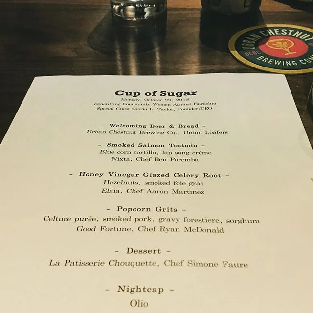 Great time last night with even greater people and for an even greater cause. #communitywomenagainsthardship #cupofsugar @loafersstl @goodfortunestl @elaiaolio @nixtastl @chouquettestl @urbanchestnut