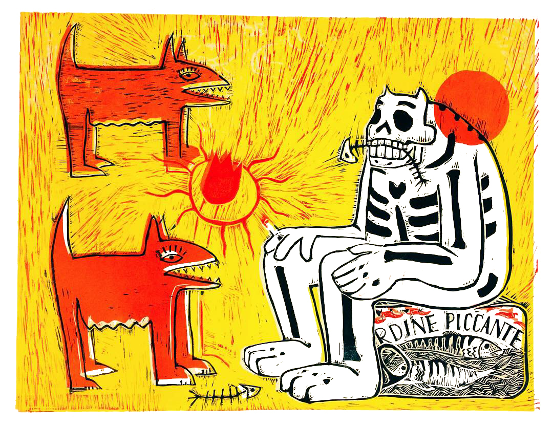 Dine Piccante, 2018 Edition Variable 3 colour wood cut print, 66 x 50cm