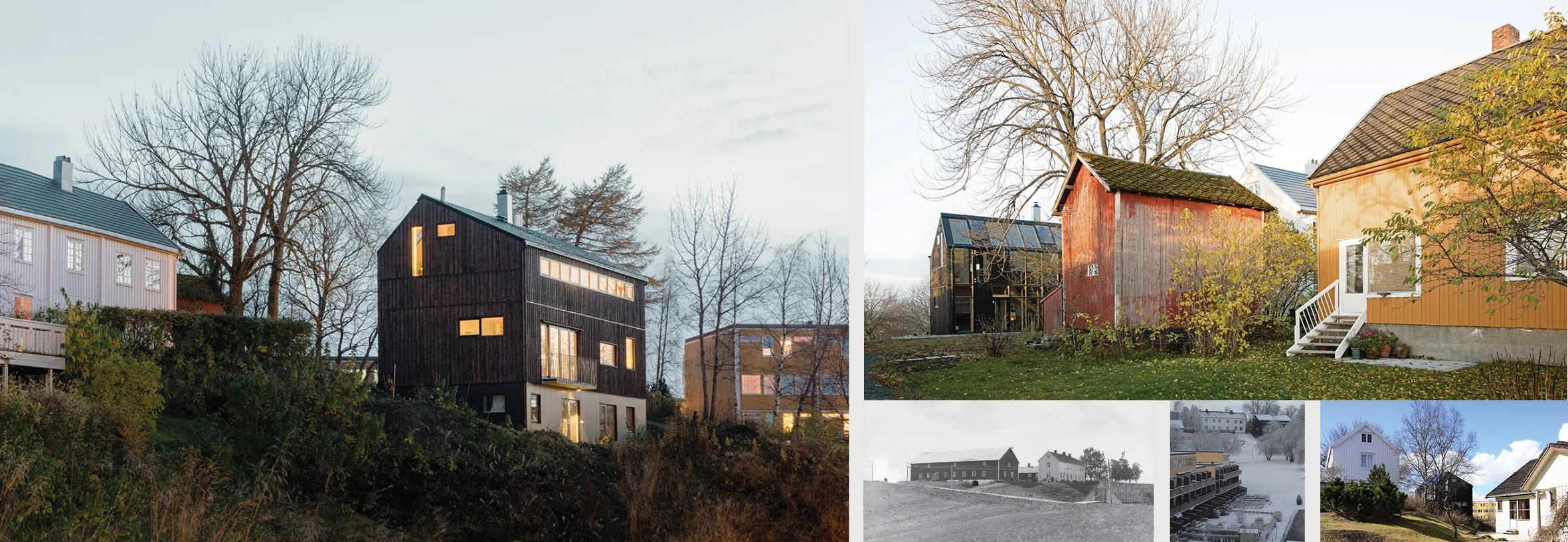 Nabo-bebyggelsen i dag, og gården sett fra øst i 1930-årene (svart-hvitt foto) .
