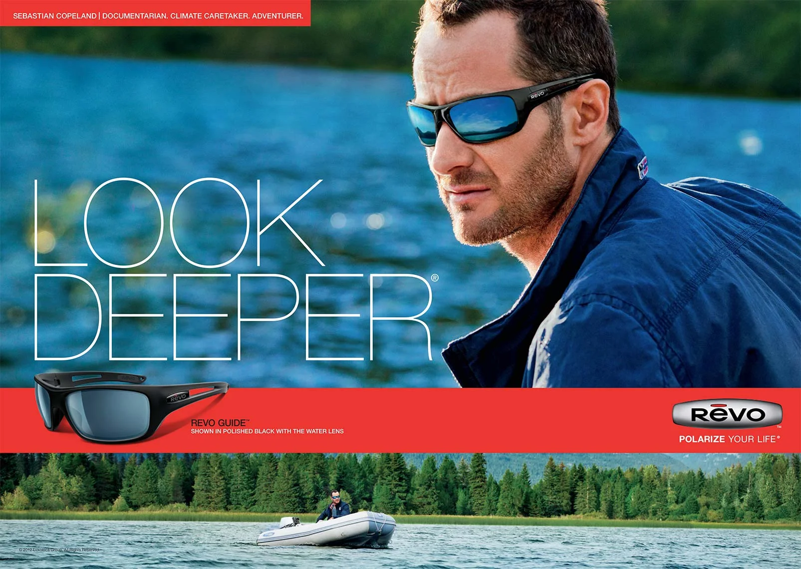 EVO Look Deeper campaign advertisement featuring Sebastian Copeland wearing blue sunglasses.