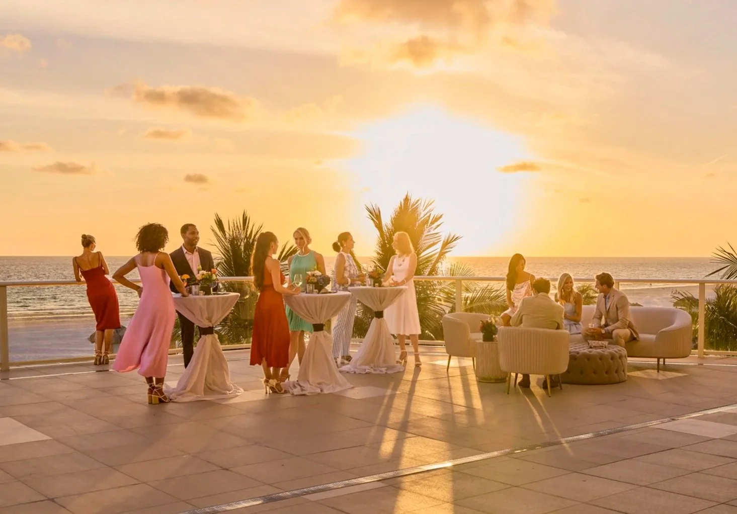 Elegant sunset reception overlooking the Gulf of Mexico in Naples Florida for the Paradise Coast tourism advertising campaign photographed by George Kamper.