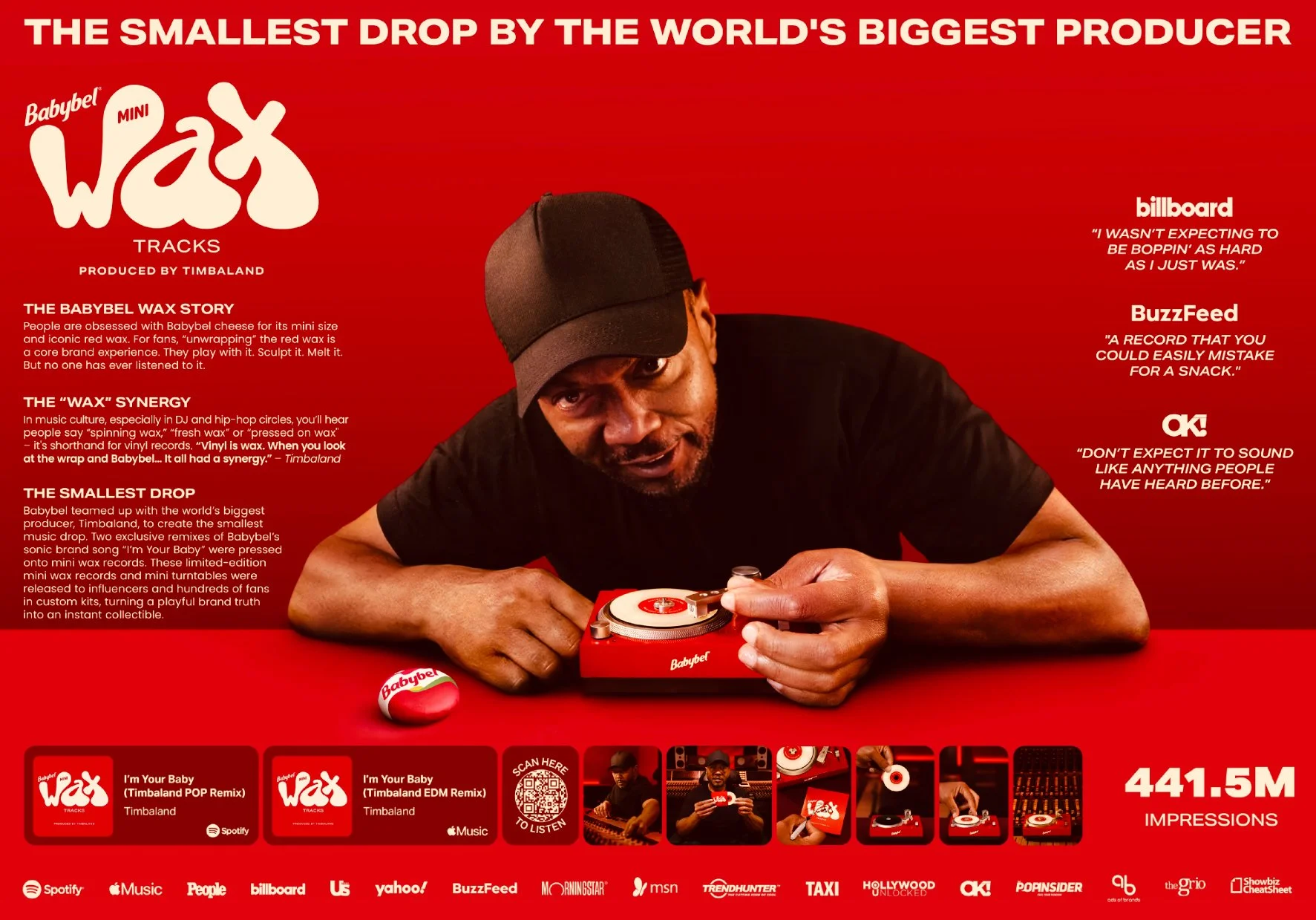 Babybel Wax Tracks campaign featuring Timbaland with the miniature record player in a red studio setting.