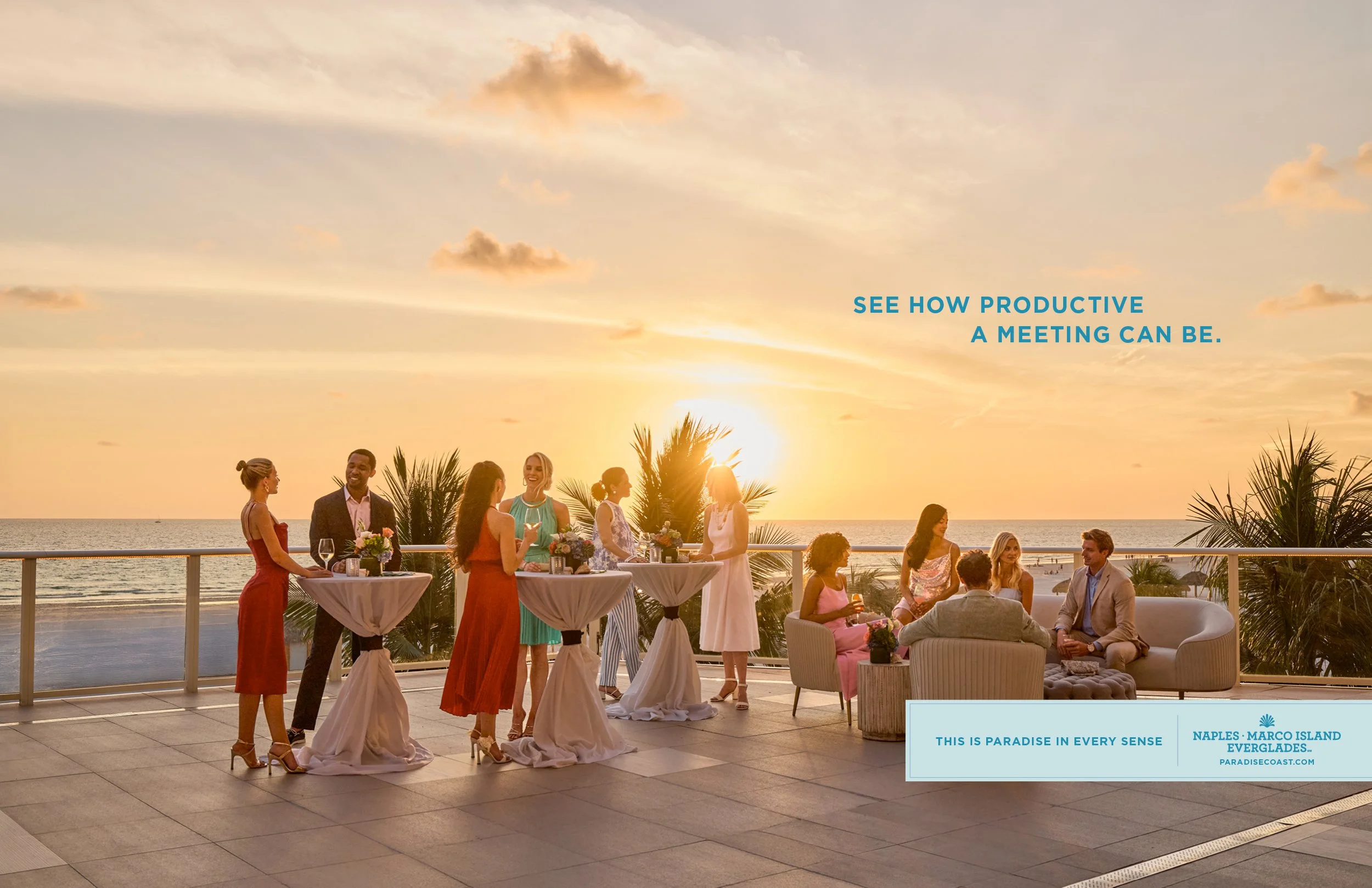 Professionals enjoying a sunset reception overlooking the Gulf in Naples Florida — corporate meetings tourism campaign imagery for Florida’s Paradise Coast.
