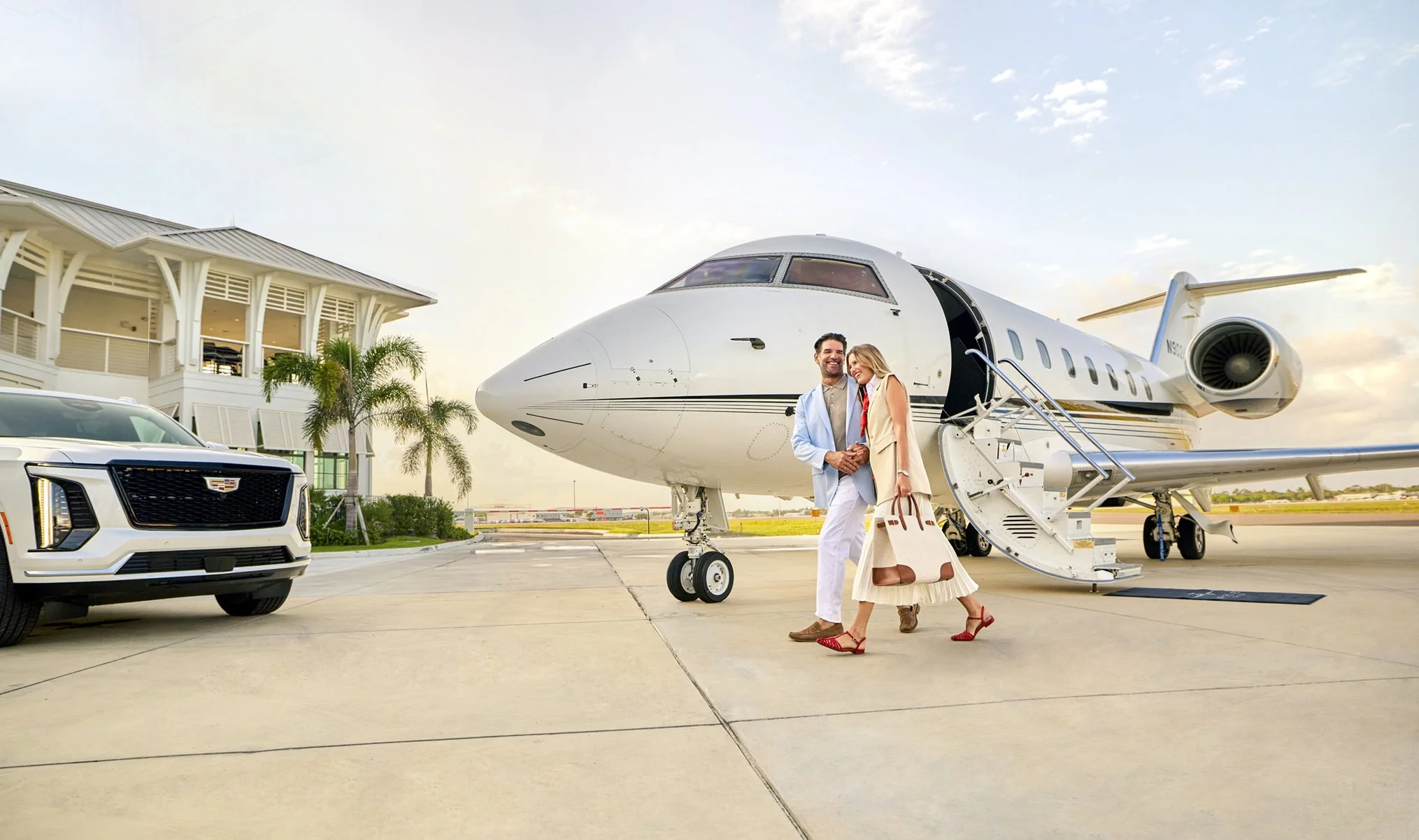 Luxury travelers arriving by private jet in Naples Florida for the Florida Paradise Coast tourism advertising campaign photographed by George Kamper.