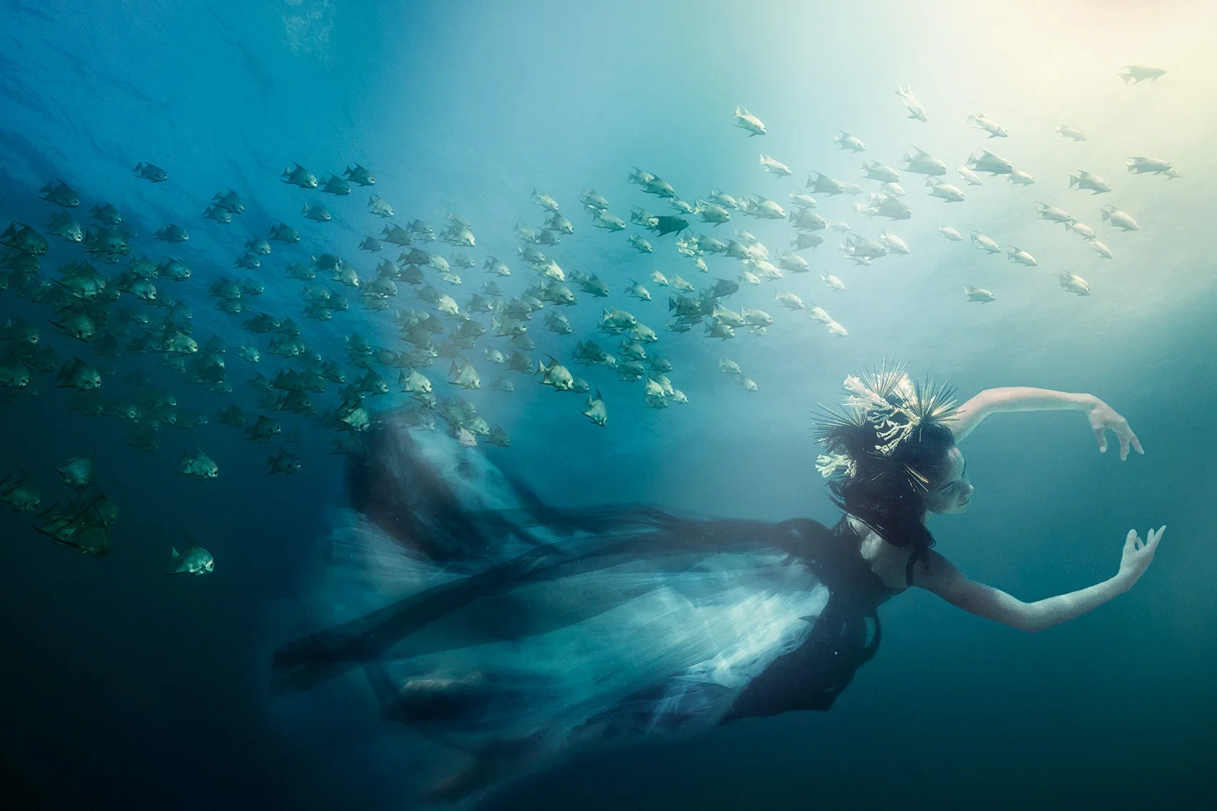 Miami City Ballet dancer performing underwater among a school of tropical fish, photographed by George Kamper