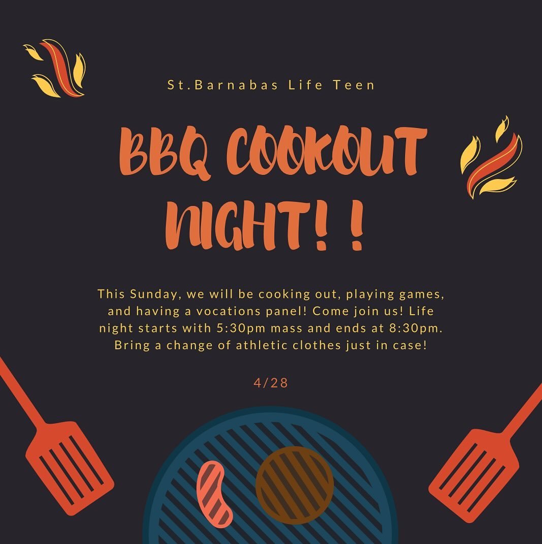 Our life nights will soon be coming to an end, so we have been planning some fun events&hellip;.
This Sunday, we will be having a vocations panel, a BBQ cookout, and playing games like ultimate frisbee, yard games, volleyball, and more!! Don&rsquo;t 