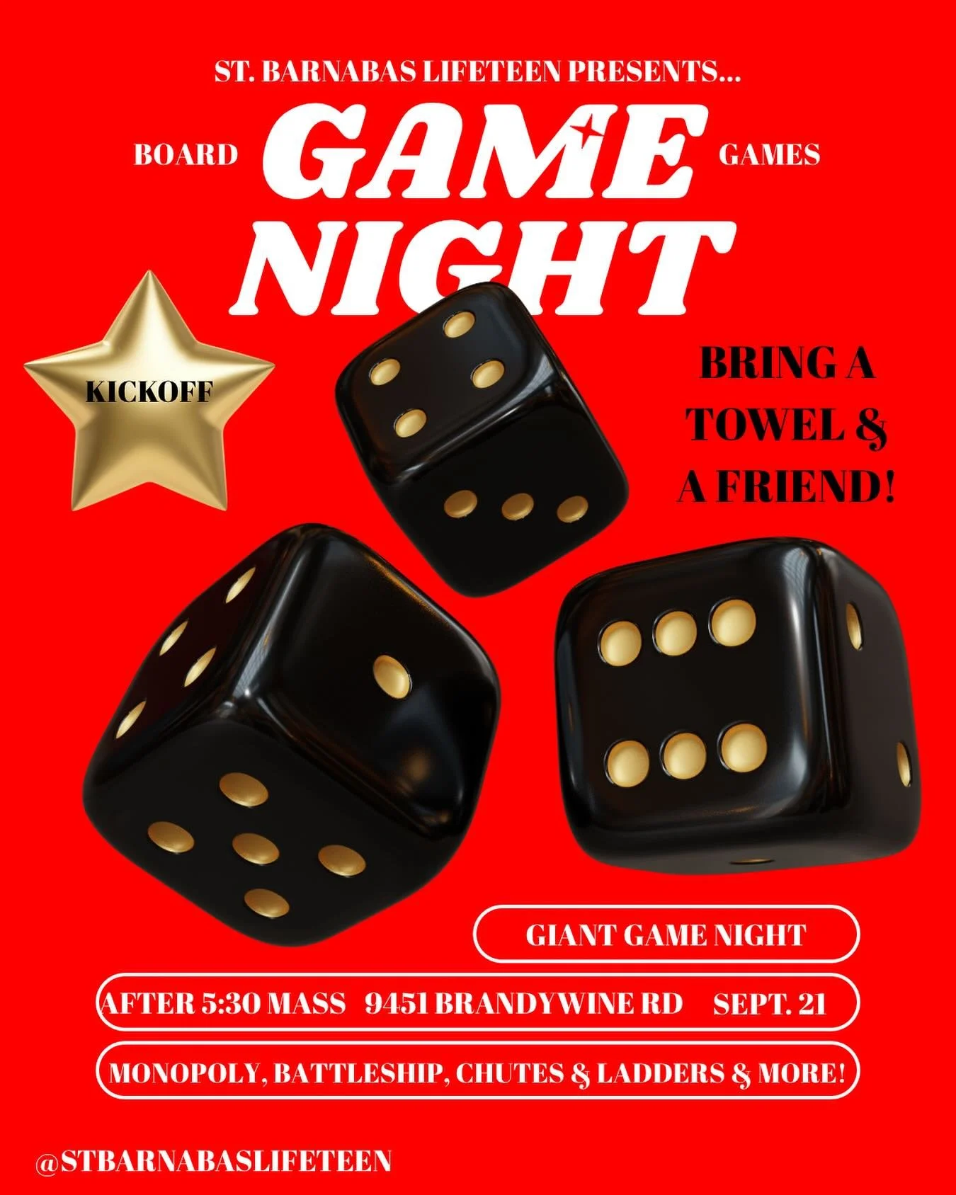 HIGH SCHOOLERS!!! Join us on SUNDAY September 21st after the 5:30 Mass for our KICKOFF!!! We will join together in prayer, for dinner, and for GIANT GAME NIGHT! That&rsquo;s right- your favorite games, LIFESIZE EDITION!🏏🎲🎳🧩

DON&rsquo;T FORGET TO