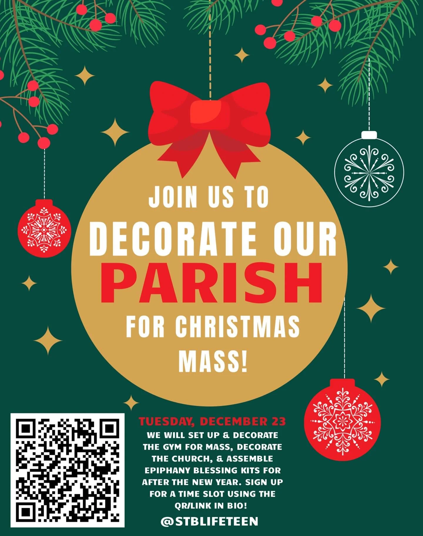 Please join us THIS TUESDAY December 23 any time from 9am-3pm to help make our Church &amp; gym BEAUTIFUL for our Christmas Masses! You can sign up for a time slot using the QR code on screen, or by heading to the link in our bio. We&rsquo;d love to 