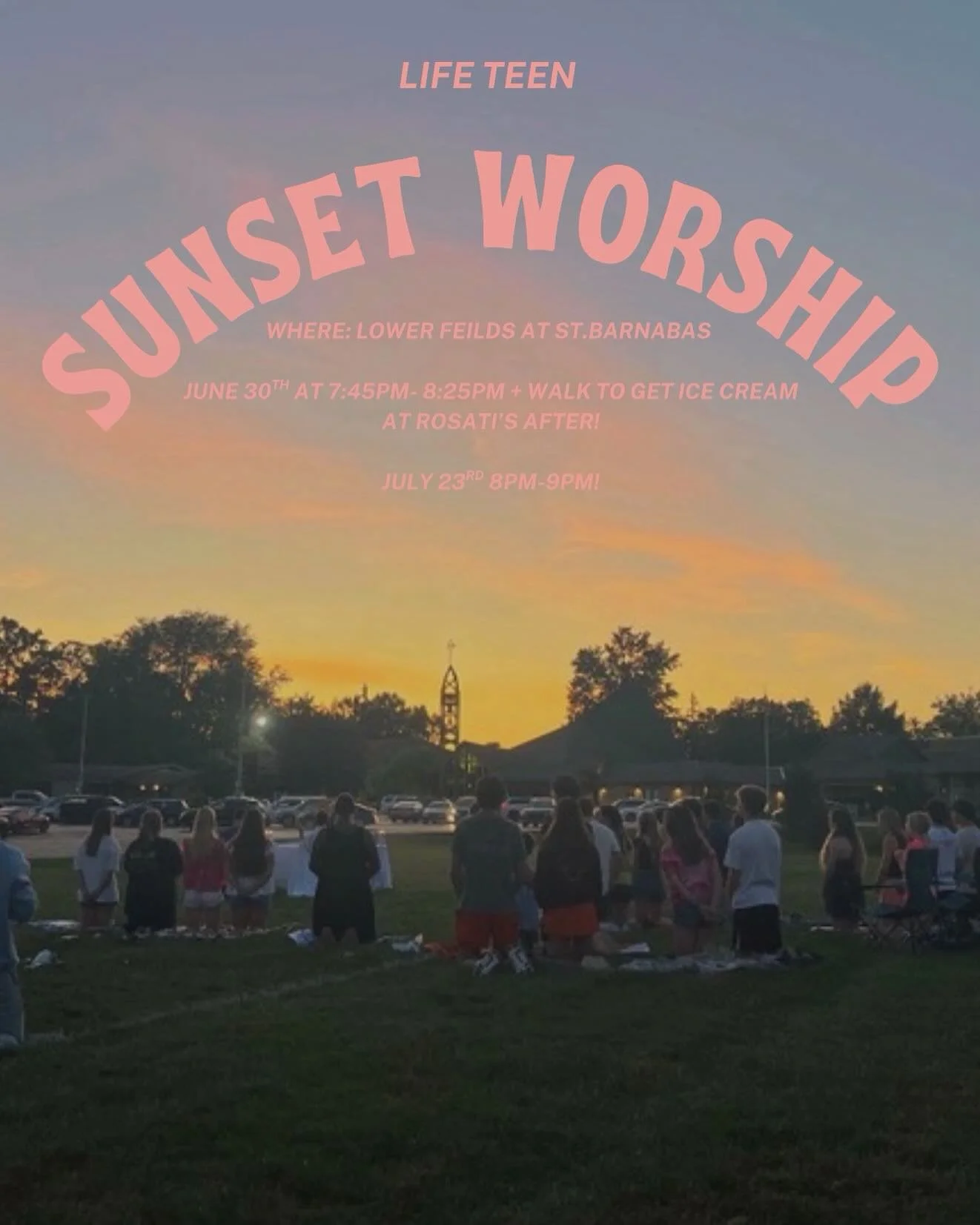 We invite teens, kids, and ANYONE OF ANY AGE to join us for our Sunset/ Outdoor Worship Nights!!! 🌅🙏😁

Our first Outdoor Adoration will be on June 30th! We invite you to arrive at 7:30 PM and we will conclude at 8:25 PM before walking over to get 