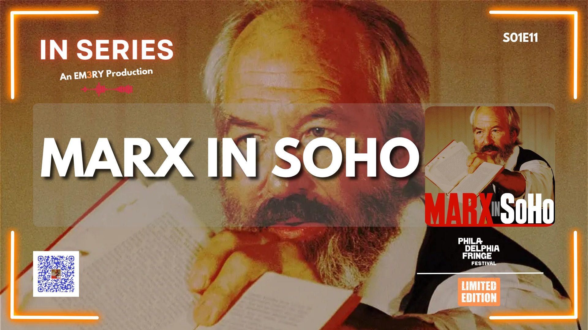 Poster for a series titled 'Marx in Soho' featuring a portrait of Karl Marx holding a book with the series title overlaid in large text, and details about the production company, episode, and festival.