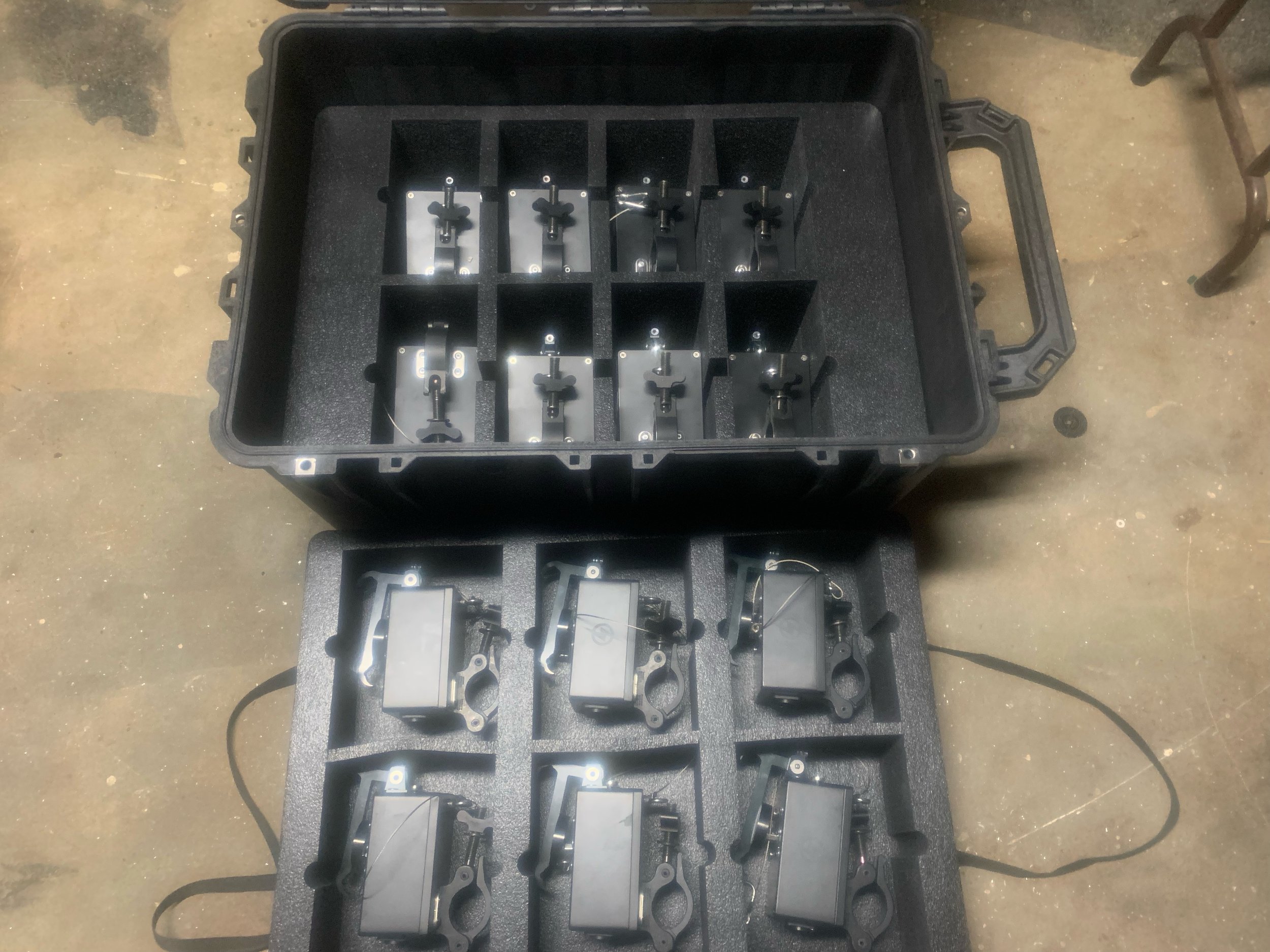  The MEDDs travel in Pelican 1660 cases.  Custom foam trays can accommodate up to 14 units per Pelican. All cabling and control travel in an additional 1660. 