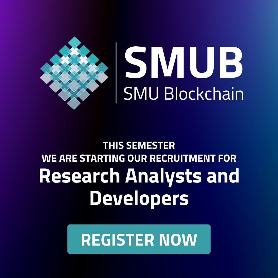 GM fellow SMU students! 

Application for SMU Blockchain is now open! 

This year, we have two roles available for sign ups - Blockchain Research Analyst and Blockchain Developer. 

During your time in SMUB, you may enjoy perks such as participating 