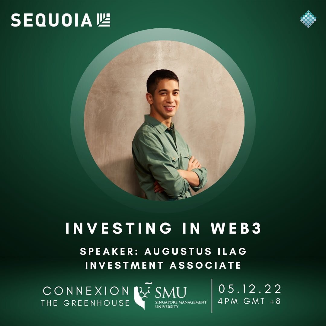 GM fellow students!

Join us for a session with Sequoia SEA on &quot;Investing in Web3&quot;

Sign up via the link in our bio! 

Whether you are an aspiring web3 founder looking to fund your next big round, or a student looking to become an investor
