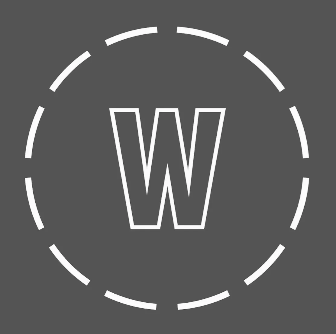 A white letter W inside a dashed circle on a dark background.