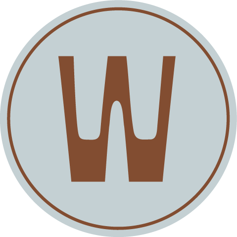 Logo with brown stylized 'W' inside a light blue circle and a brown border.