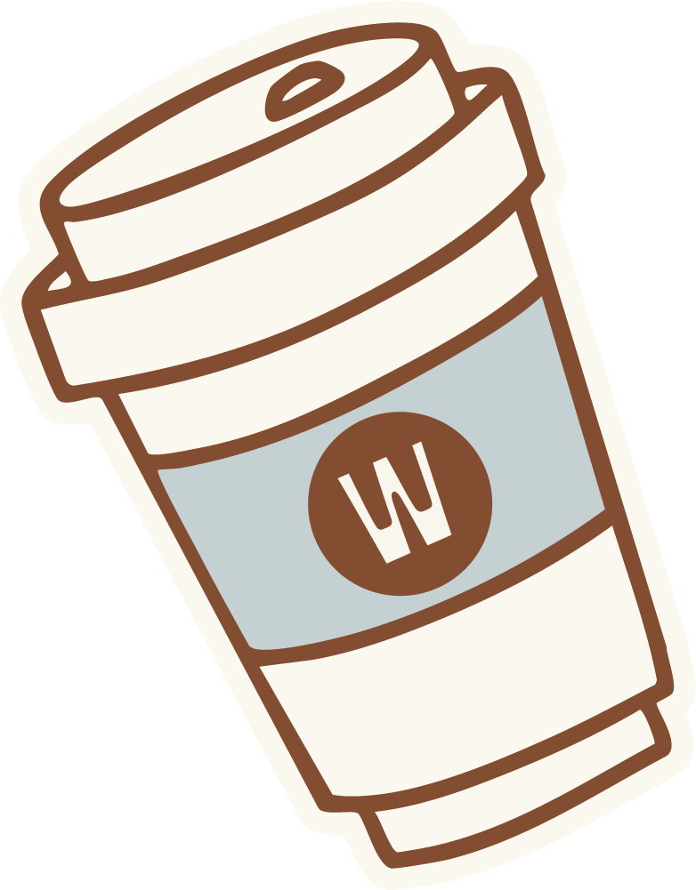 A to-go coffee cup with a brown and blue sleeve and a lid, featuring a circular logo with a stylized letter 'W'.