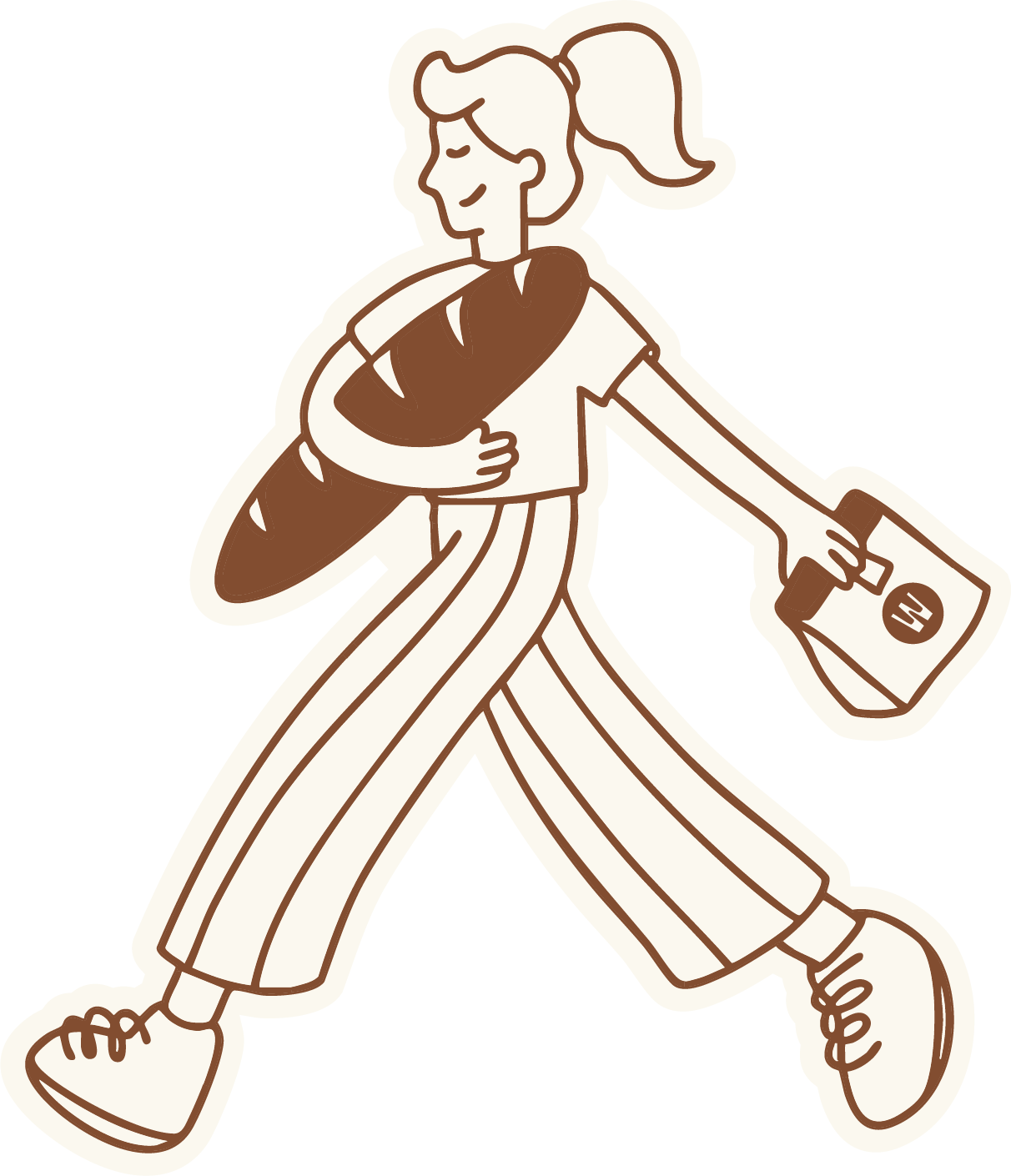 A cartoon girl walking while holding a large baguette under her arm and a shopping bag in her hand.