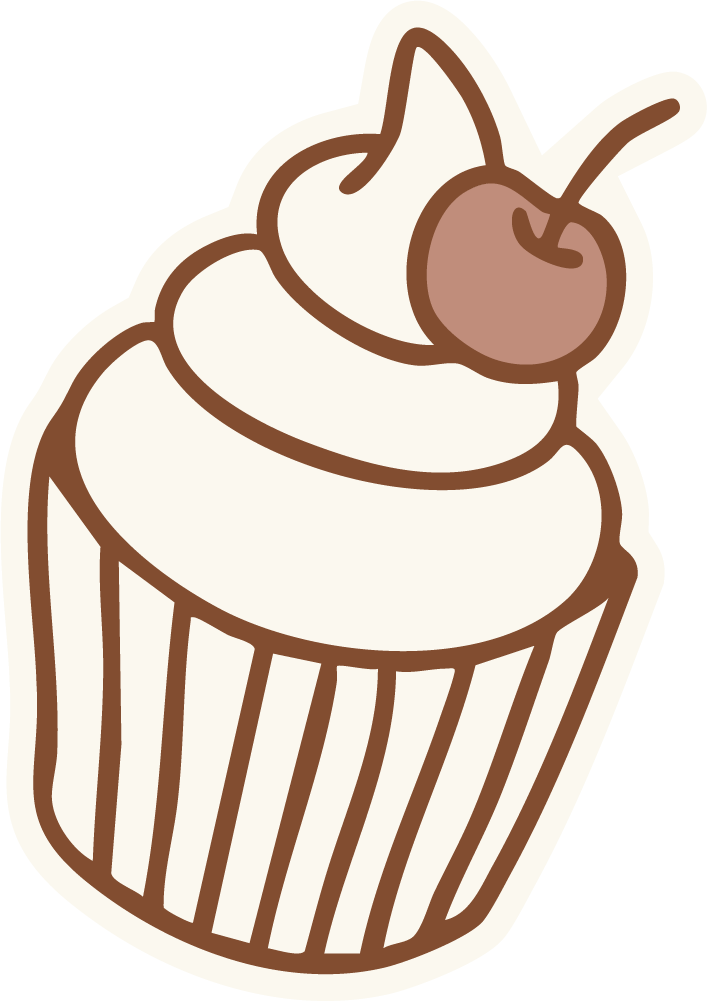Illustration of a cupcake with white frosting, a cherry on top, and a cupcake liner with vertical brown stripes.