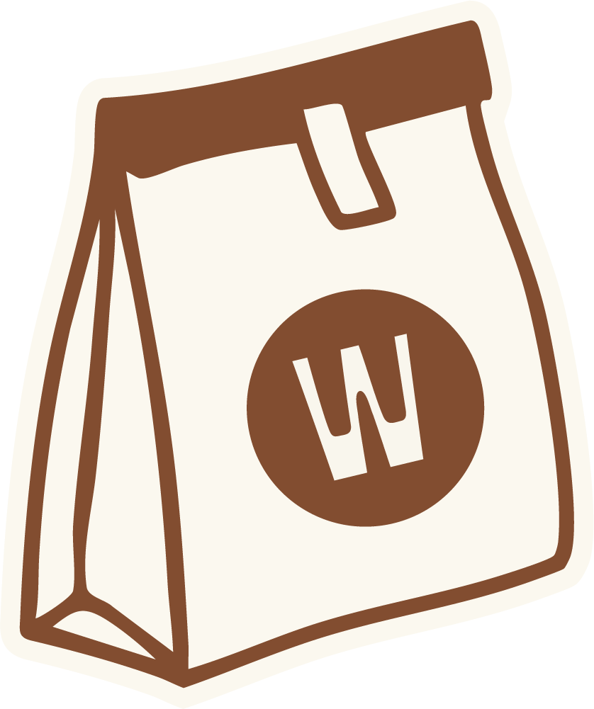 A brown and white illustrated bag of coffee beans with a circular logo featuring a stylized 'W'