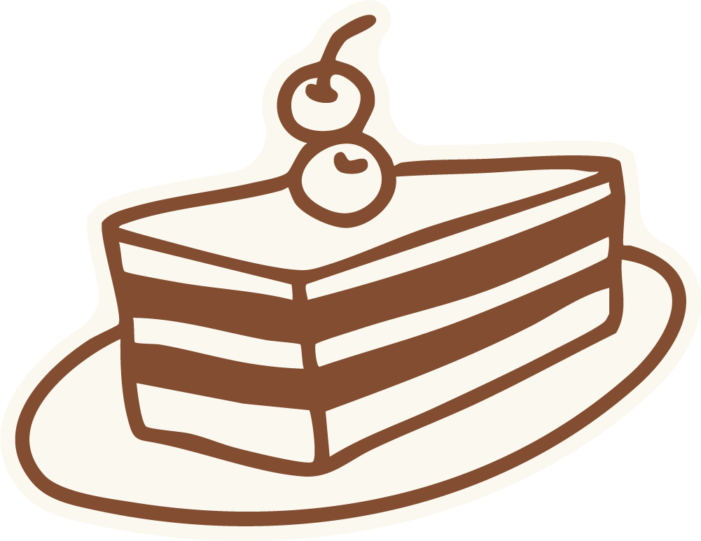 Cartoon drawing of a slice of layered cake with cherries on top, on a plate.