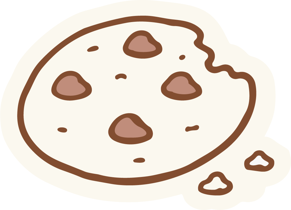 Illustration of a chocolate chip cookie with a bite taken out.