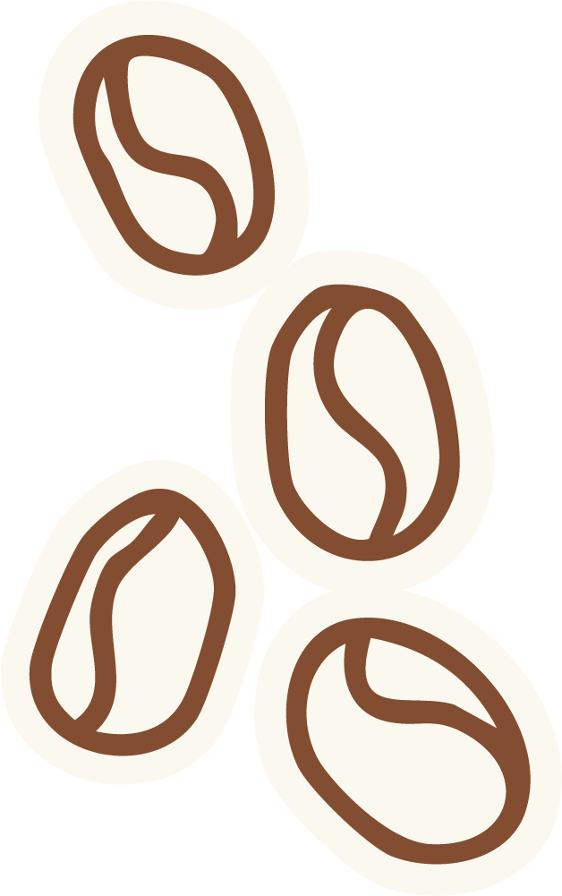 Illustration of four coffee beans outlined in brown on a black background.