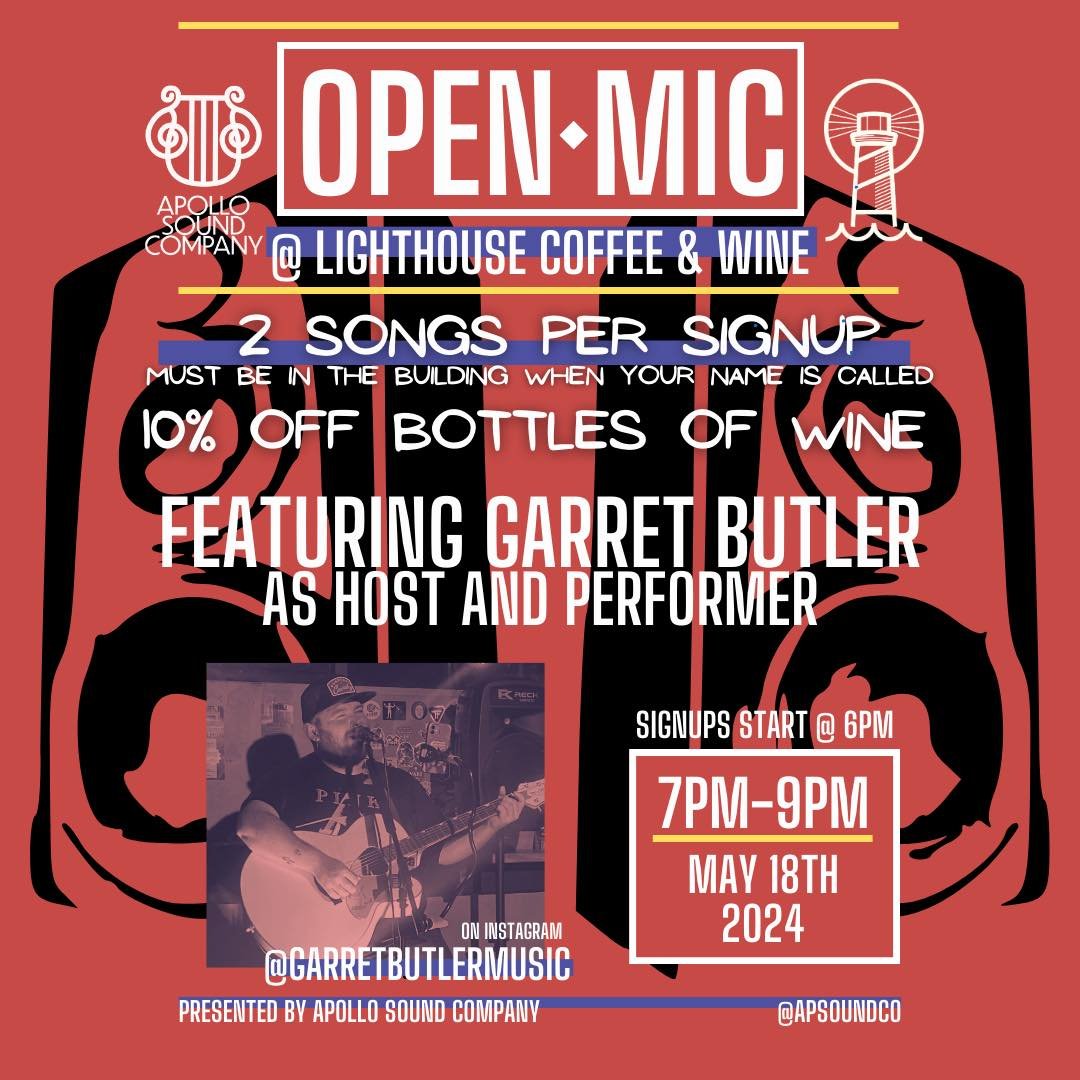 This Saturday, May 18th! Garret Butler is hosting and performing, and it&rsquo;s bound to be filled with amazing local talent. Some show your stuff and make connections! Oh- and 10% off bottles of wine 🍷
