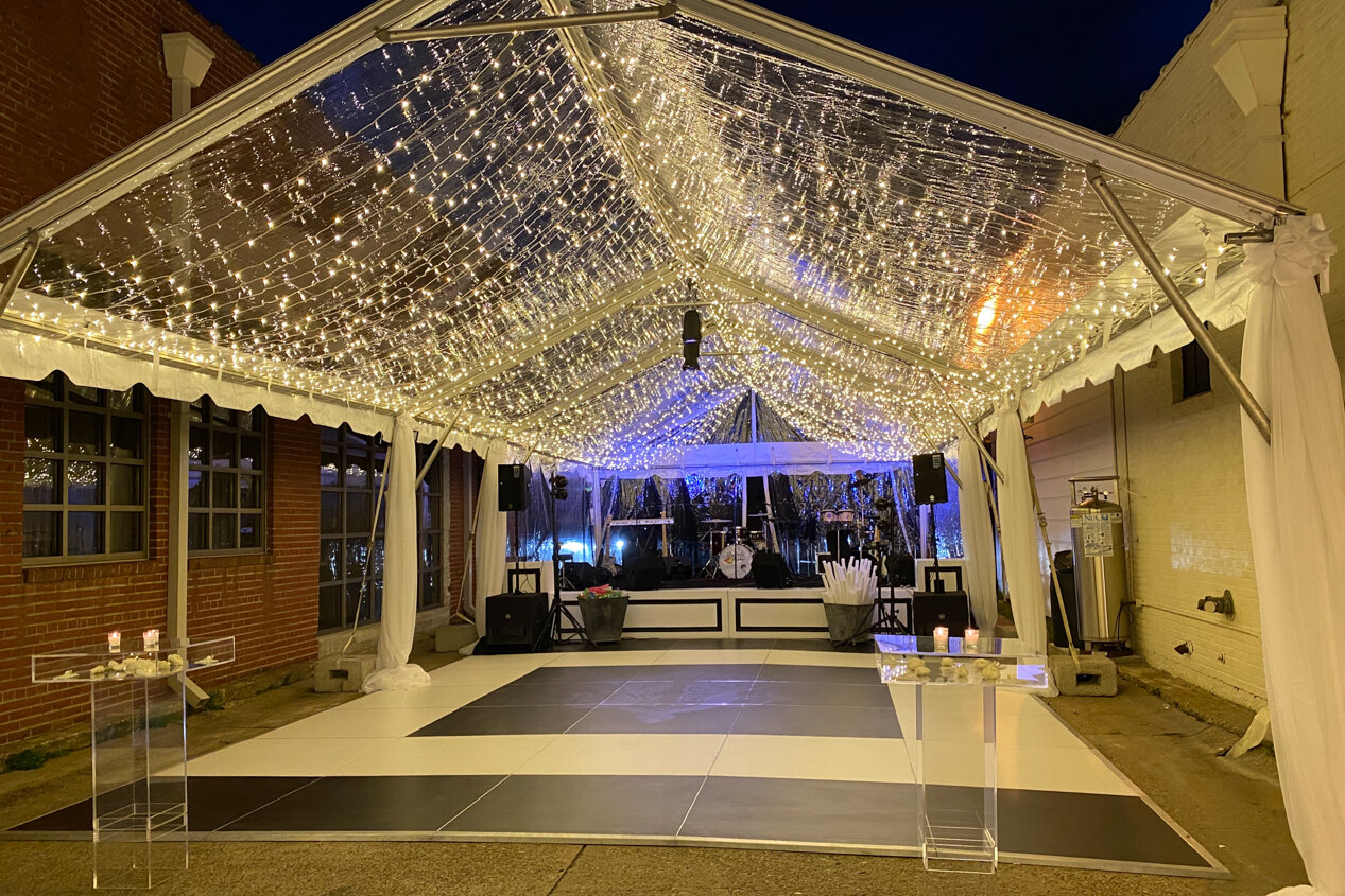 CLEAR FRAME TENT •&nbsp;STRING LIGHTING •&nbsp;LEG DRAPING