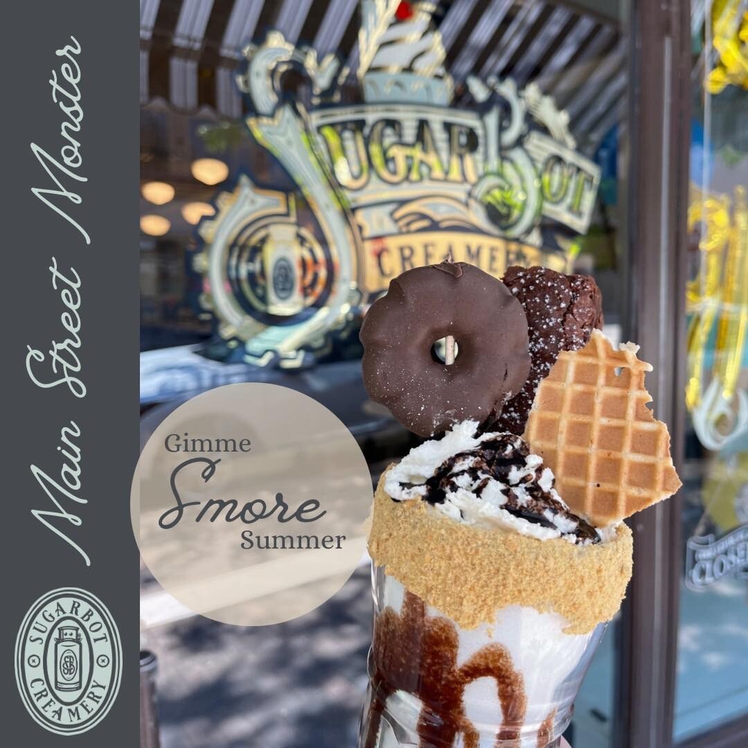 Stop on in for our July Main Street Monster! 🍫🥤🧇

A decadent Dutch Cookie milkshake topped with a s&rsquo;mores ring, waffle cone wedge, SugarBot Sweet Shop scratch made brownie, surrounded by a graham cracker rim and drizzled with marshmallow and