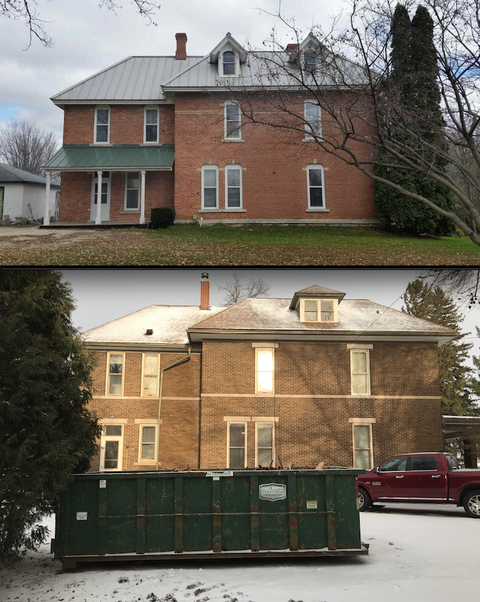 The sister house roofline (top) and Gaye Gardens during kitchen demolition (below).