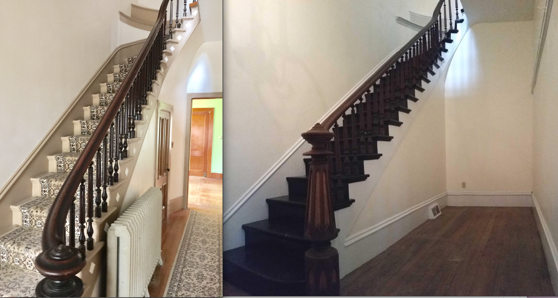 The grand entries—the stairs at Gaye Gardens (left) and the stairs at the sister house. Let’s hope the new people rip down that weird divider wall. It’s killing the natural light.