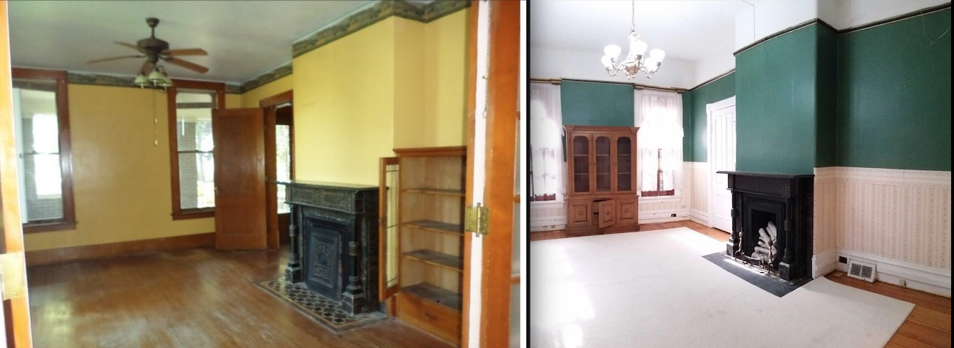 The Norma Costa Parlor at Gaye Gardens (left) and the parlor of the sister house (right) have the same carved marble fireplaces.