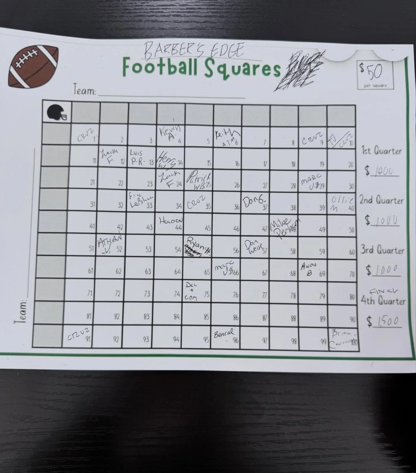 Get your superbowl square $50 a square 
Pays $1000 first three quarters final score pays 1,500 .https://venmo.com/u/horell