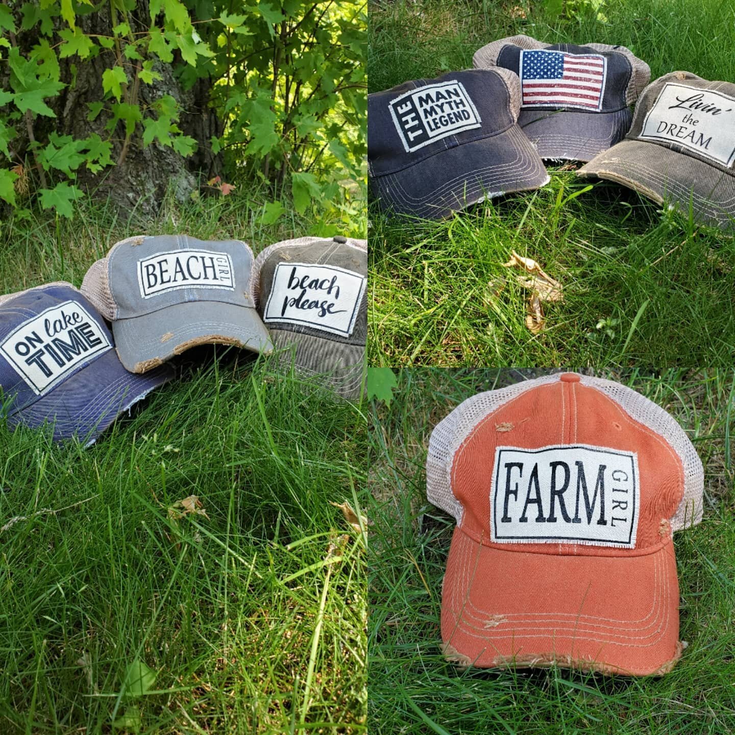 New at On The Farm, Trucker Hats with a variety of sayings. #truckerhats, #beachlife, #local, #americanflag, #happycamper, #i'llbringthebaddecisions, #farmgirl