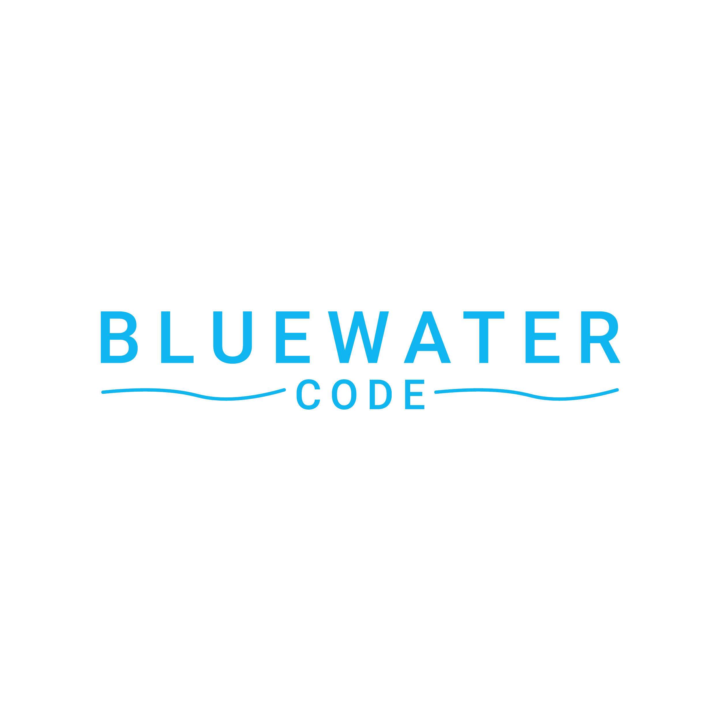 Logo for Bluewater Code featuring the text "Bluewater" in blue uppercase letters with wavy lines underneath and the word "Code" below in smaller blue uppercase letters. bluewaterCODE LLC bluewatercode.com