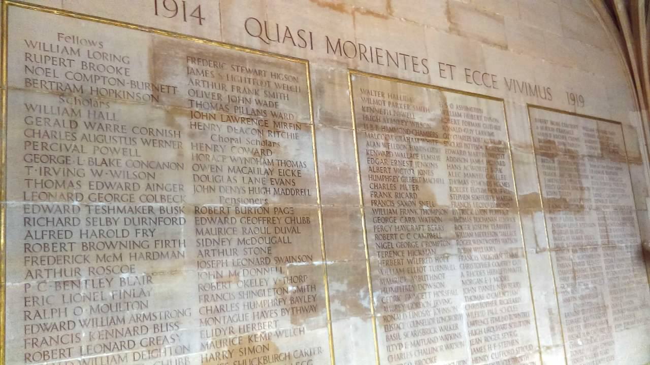 WWI Memorial, King's College Cambridge: Rupert Brooke's name is second from the top (photo: Emily Tsai)