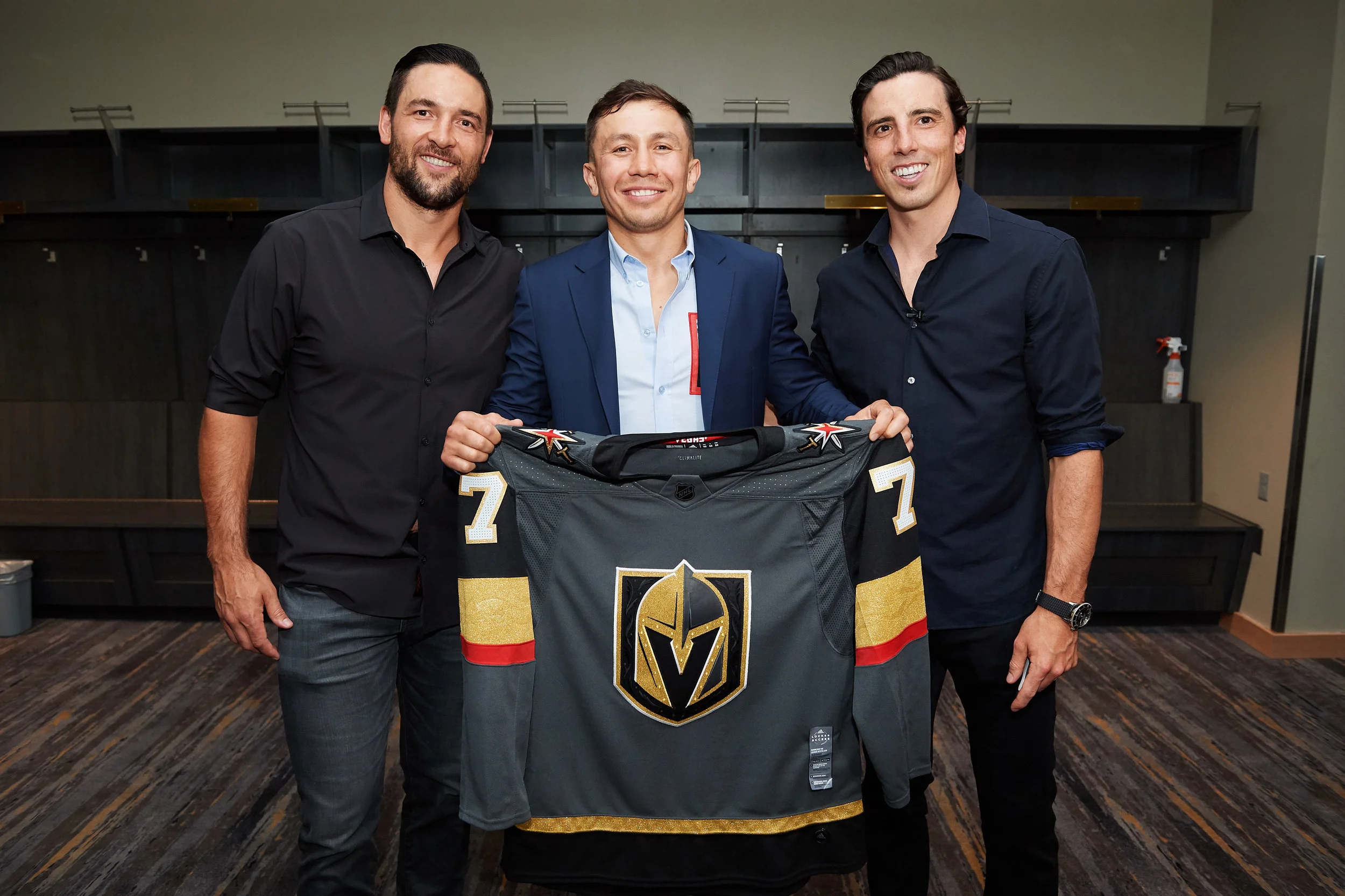 Fleury and Engelland brought GGG his very own Vegas Golden Knights jersey.