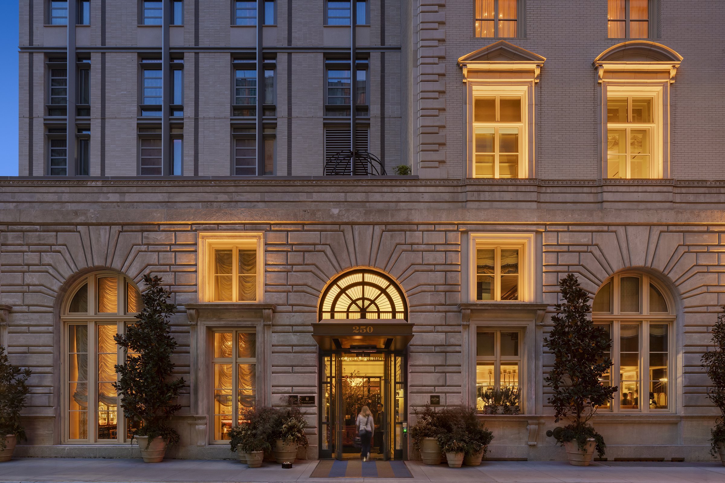 The Fifth Ave Hotel_Photo Ext Entrance Hotel 2 Dusk_Photograph by Andrew Rugge - Copyright Perkins Eastman.jpg