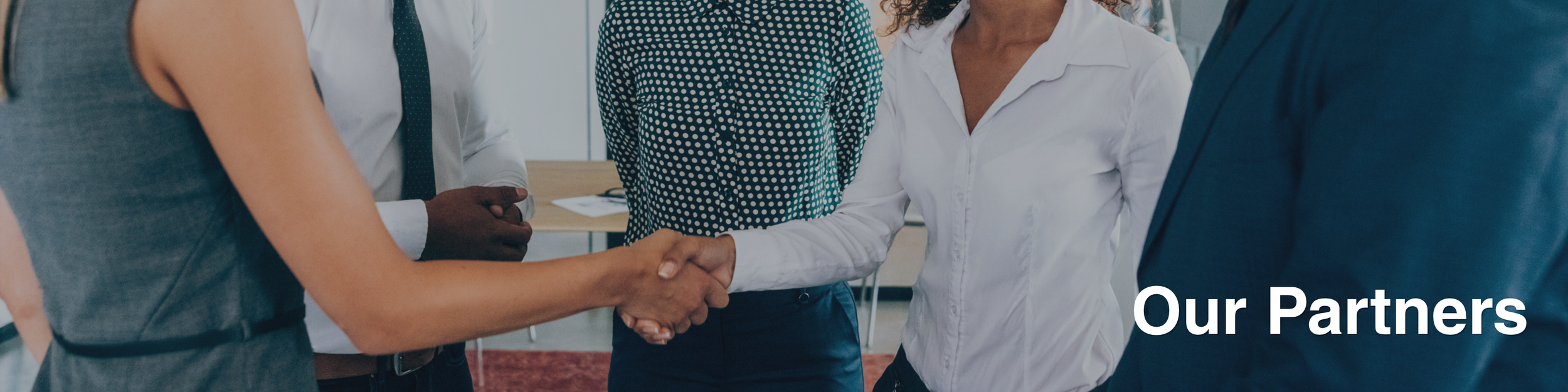 Group of diverse professionals shaking hands in a business meeting, with the text 'Our Partners' overlaid.