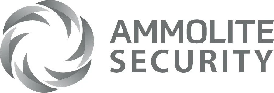 A grayscale logo for Ammolite Security featuring a circular swirl pattern next to the company name.