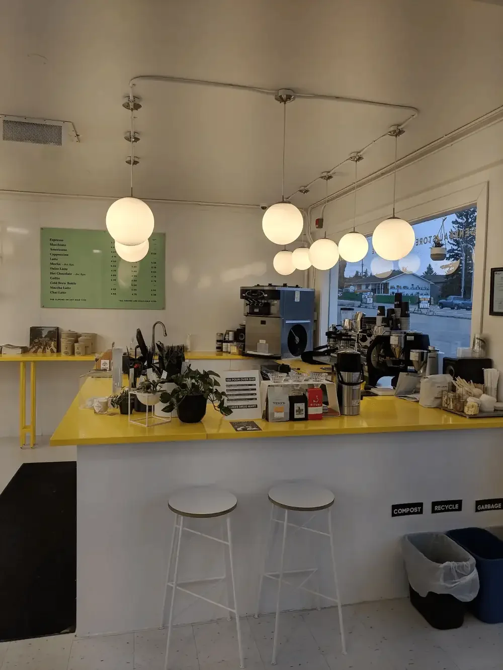 coffee serving area globe lighting installation, espresso machine installation, soft serve wiring installation