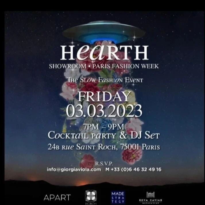 Friday 3 March- kick off party @hearthfashion fashion curated by @giorgiaviolacom 
Come and discover the slow fashion brands!
Cocktail party 7 am to 9 pm

Hearth Showroom &amp; Pop up:
March 3-4-5 
10 am to 6.30 pm
Rue Saint Roch 24b 
75001 Paris

#p