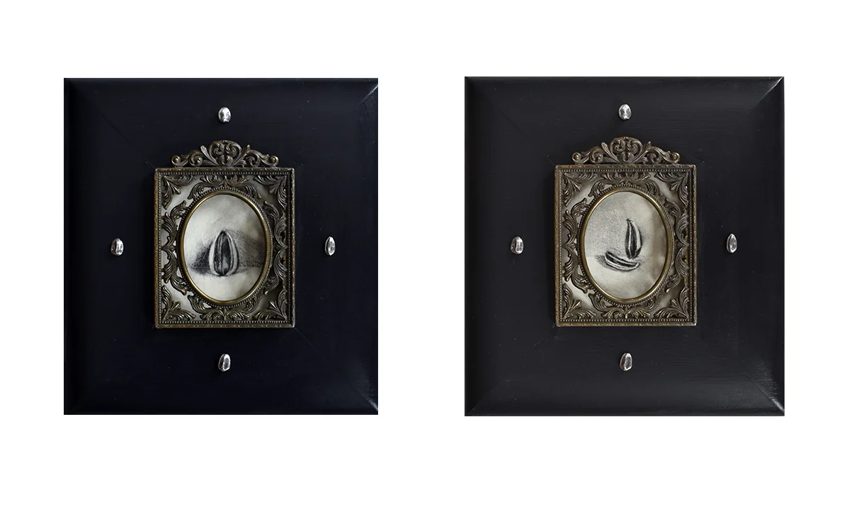 “You Were Here, Then You Weren’t”, charcoal on paper, with brass frame and cast silver seeds, 2019